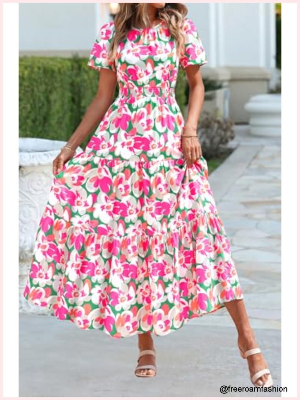 Women's Smocked Boho Floral A-Line Maxi Dress Flutter Sleeve Tiered Long - Picture 4 of 6